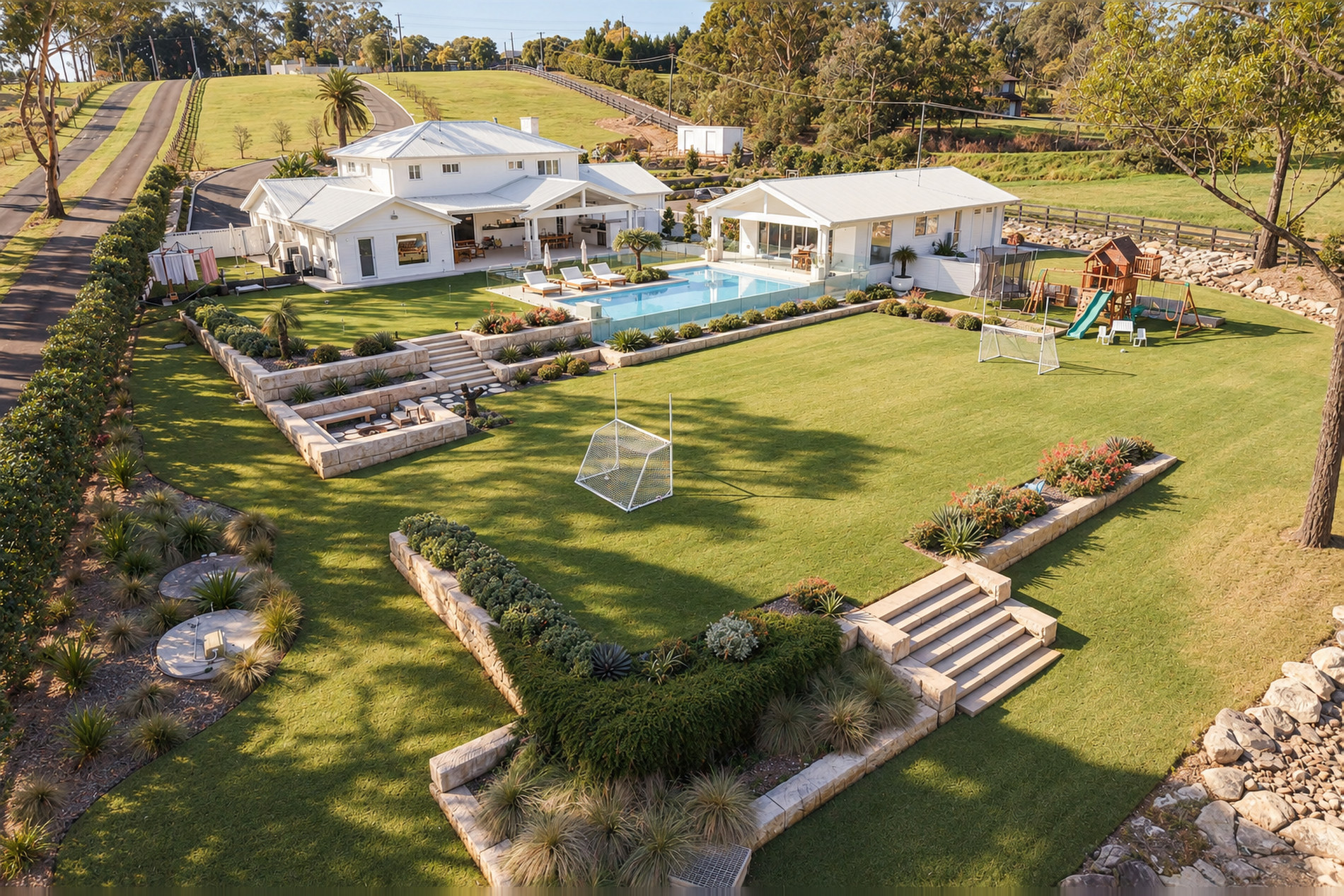 Fairway House, pool and grounds from above