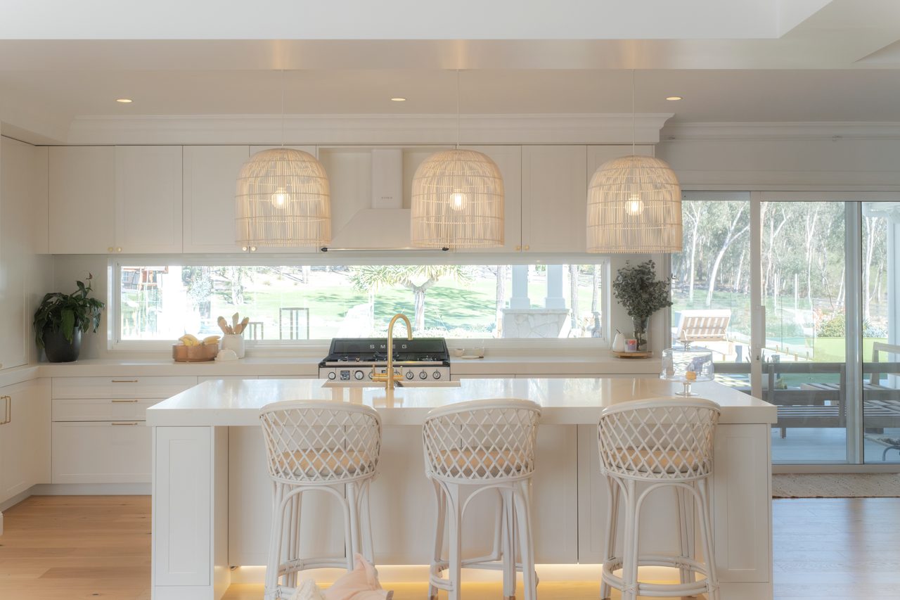 Kitchen, island bench and rattan pendants