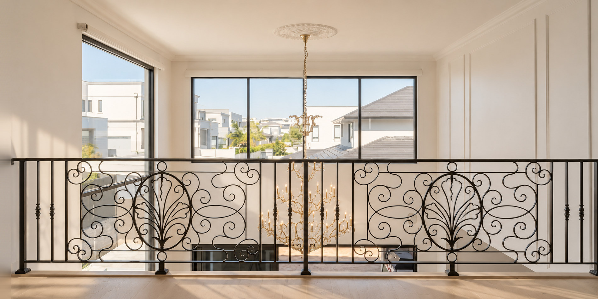 The upstairs sitting room and its balustrade
