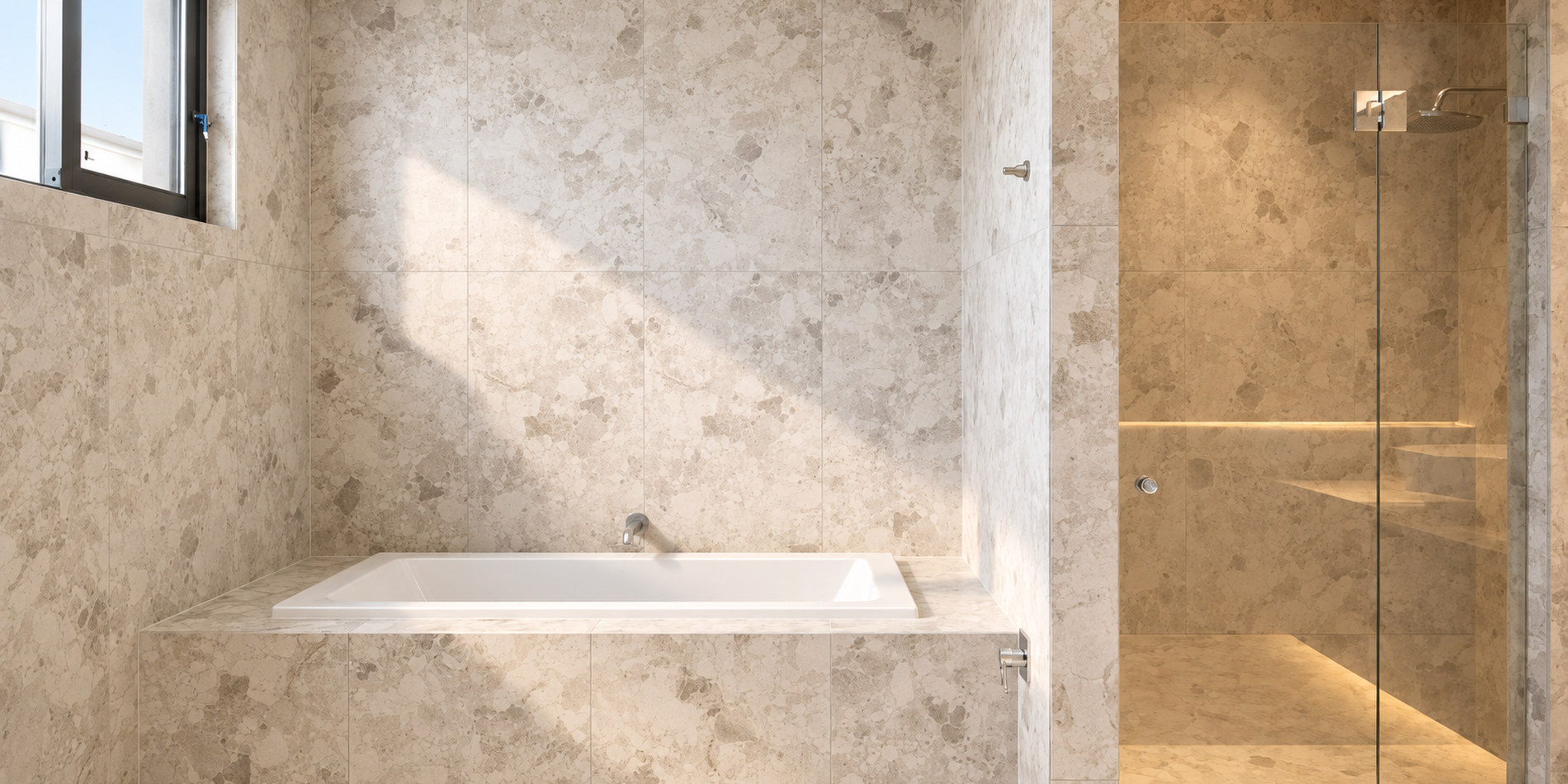 The main bathroom, bath and shower in marble