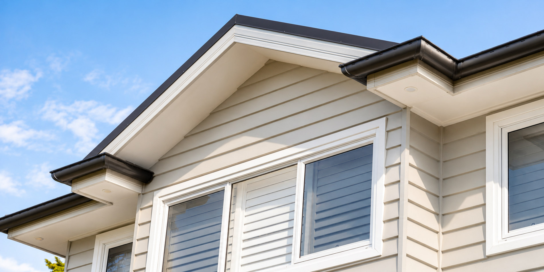 Weatherboard and shutters at the upper storey