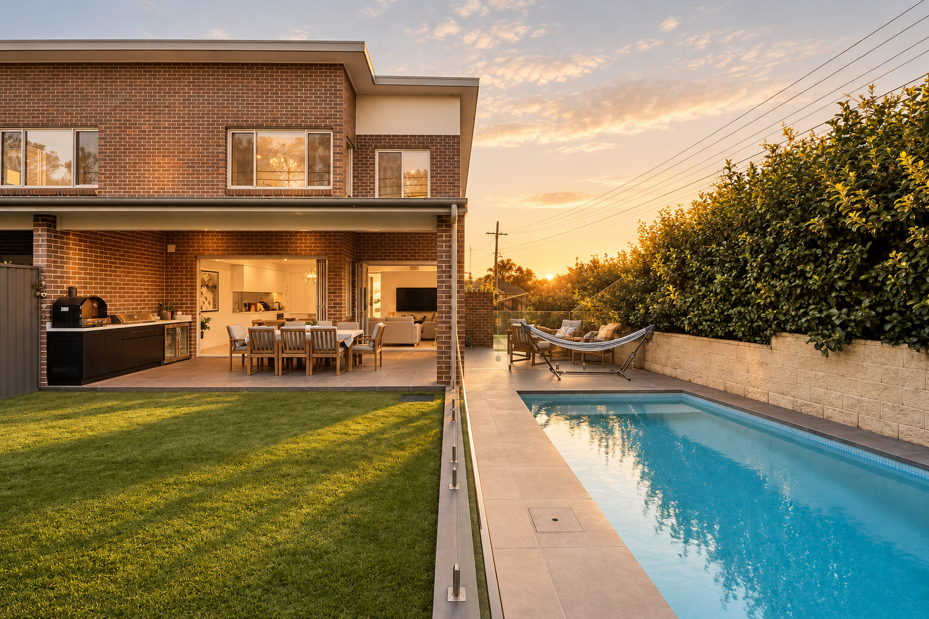 Rear lawn, pool and alfresco