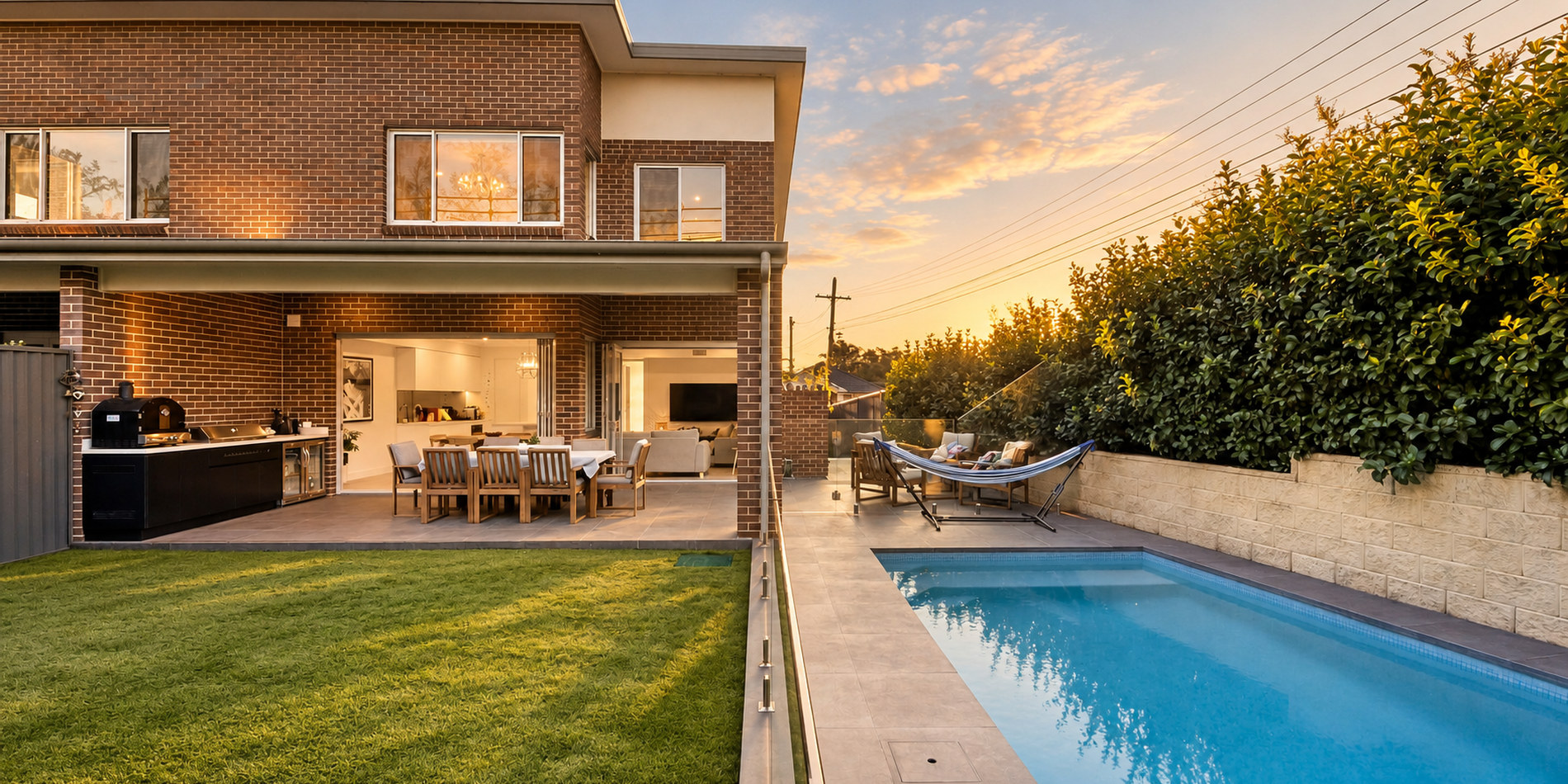 The rear yard, pool and lawn
